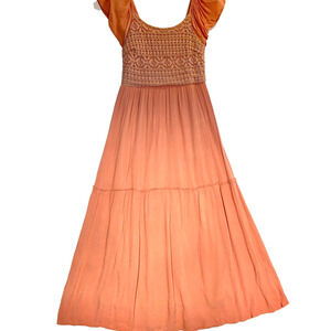 Sincerely Jules Maxi Dress Peach Smocked Lace Bodice Boho Tiered Lined Size M